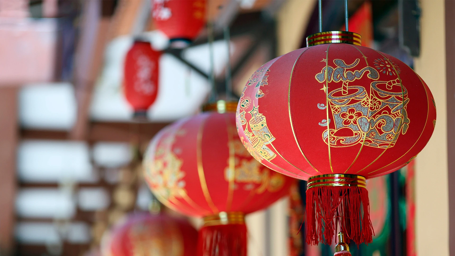 Decoration with red New Year's lanterns in Tan Chau