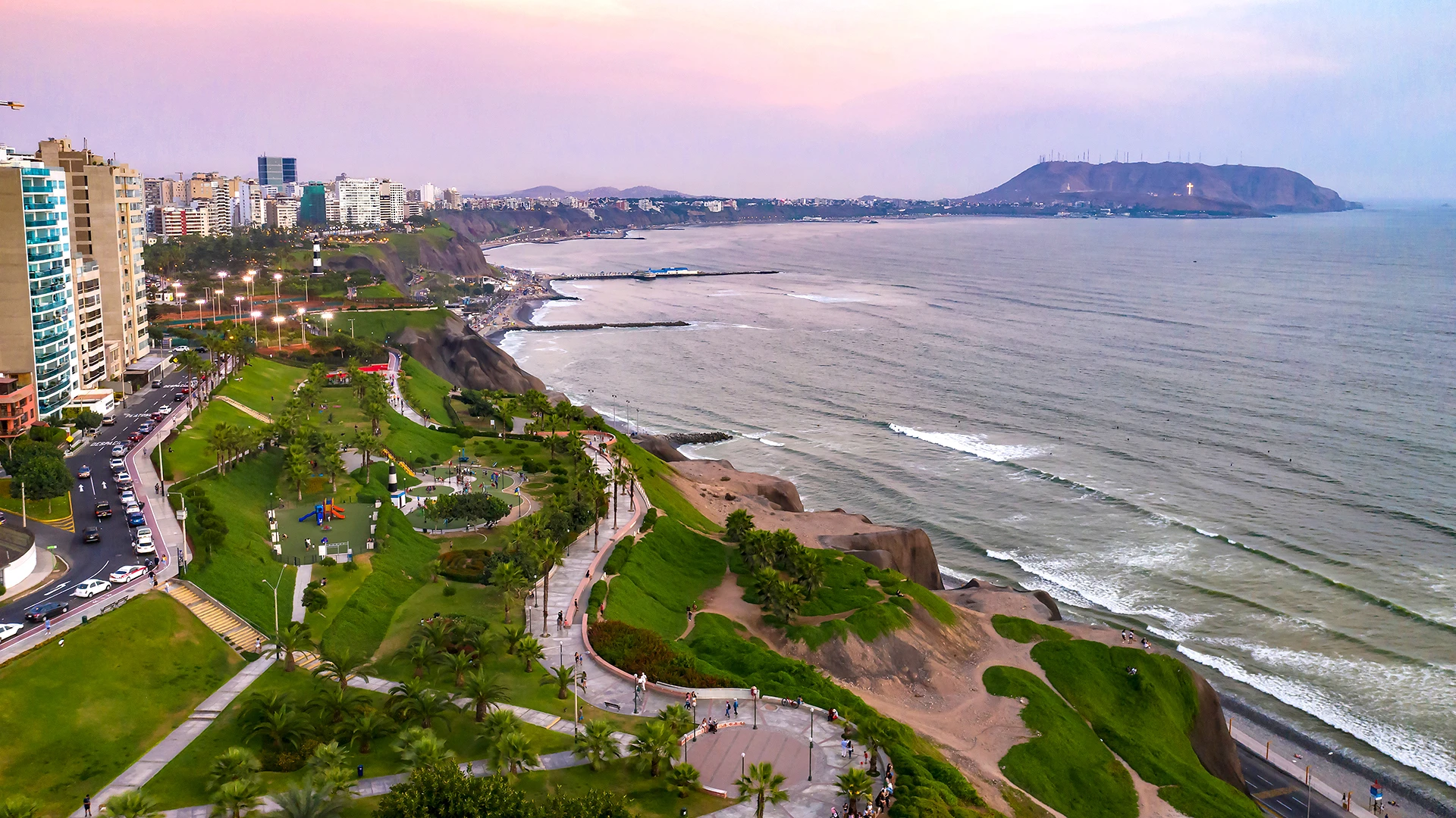 Aerial view of Miraflores Malecon park, Lima, Peru