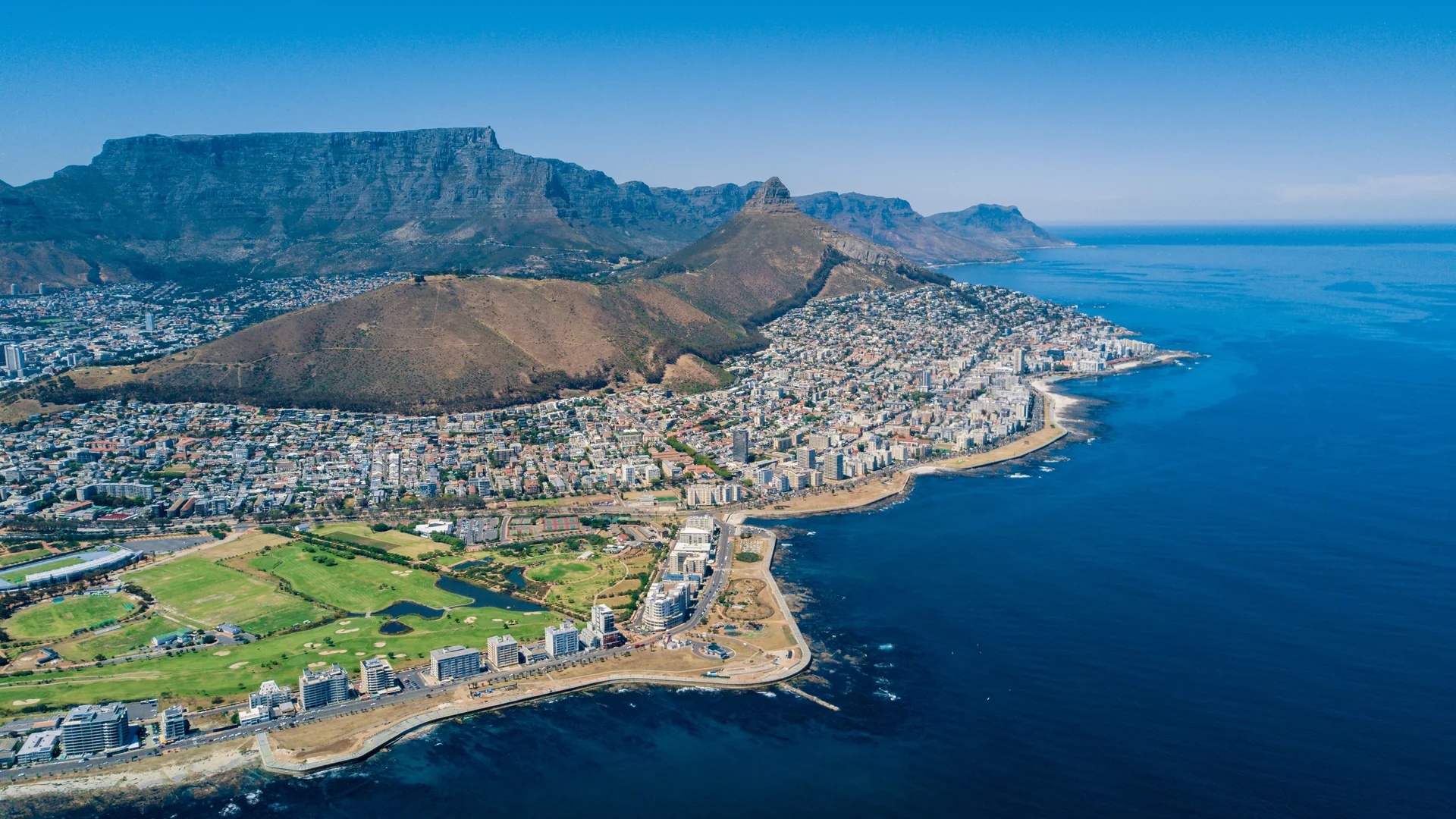Aerial view of Cape Town beneath Table Mountain, South Africa