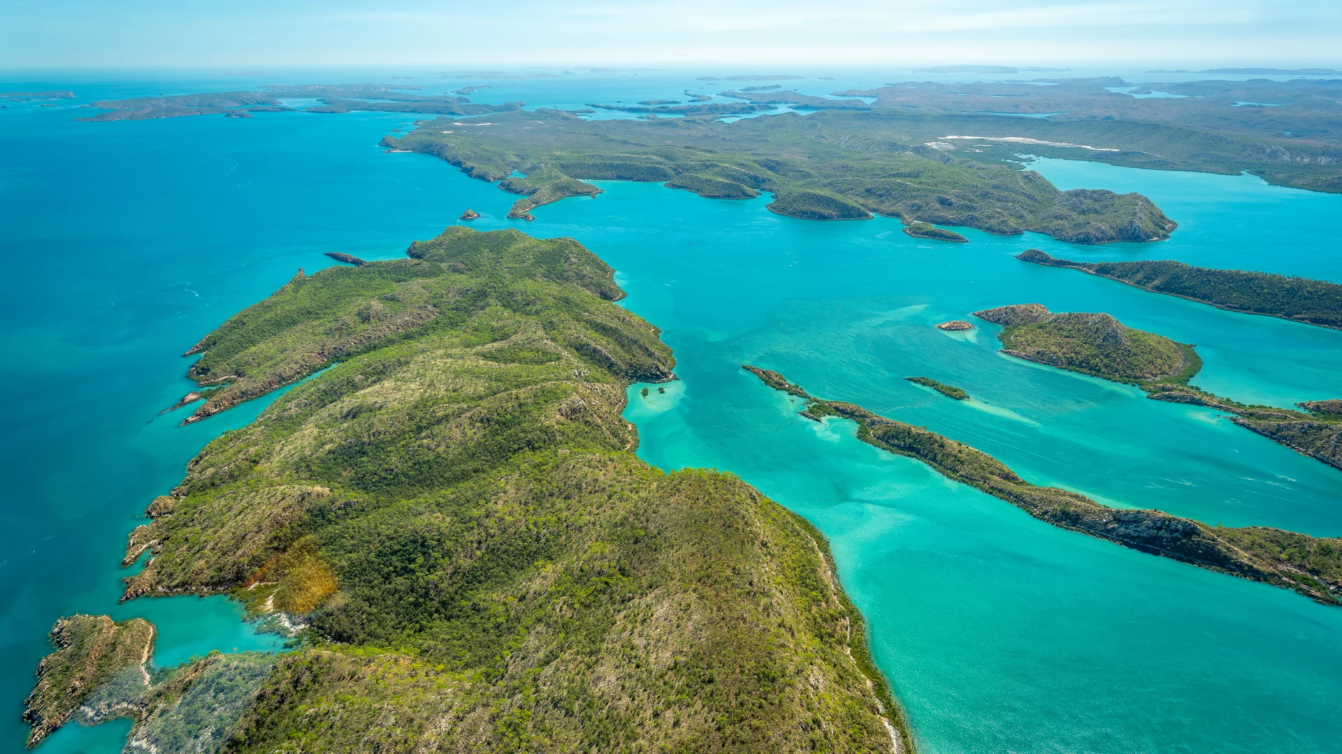 Aerial island maze in turquoise water