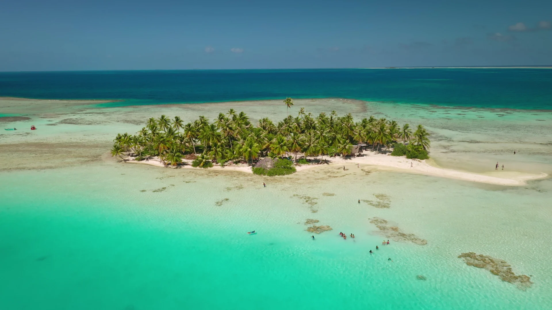 Turquoise lagoon and palm-covered motu at Rangiroa atoll