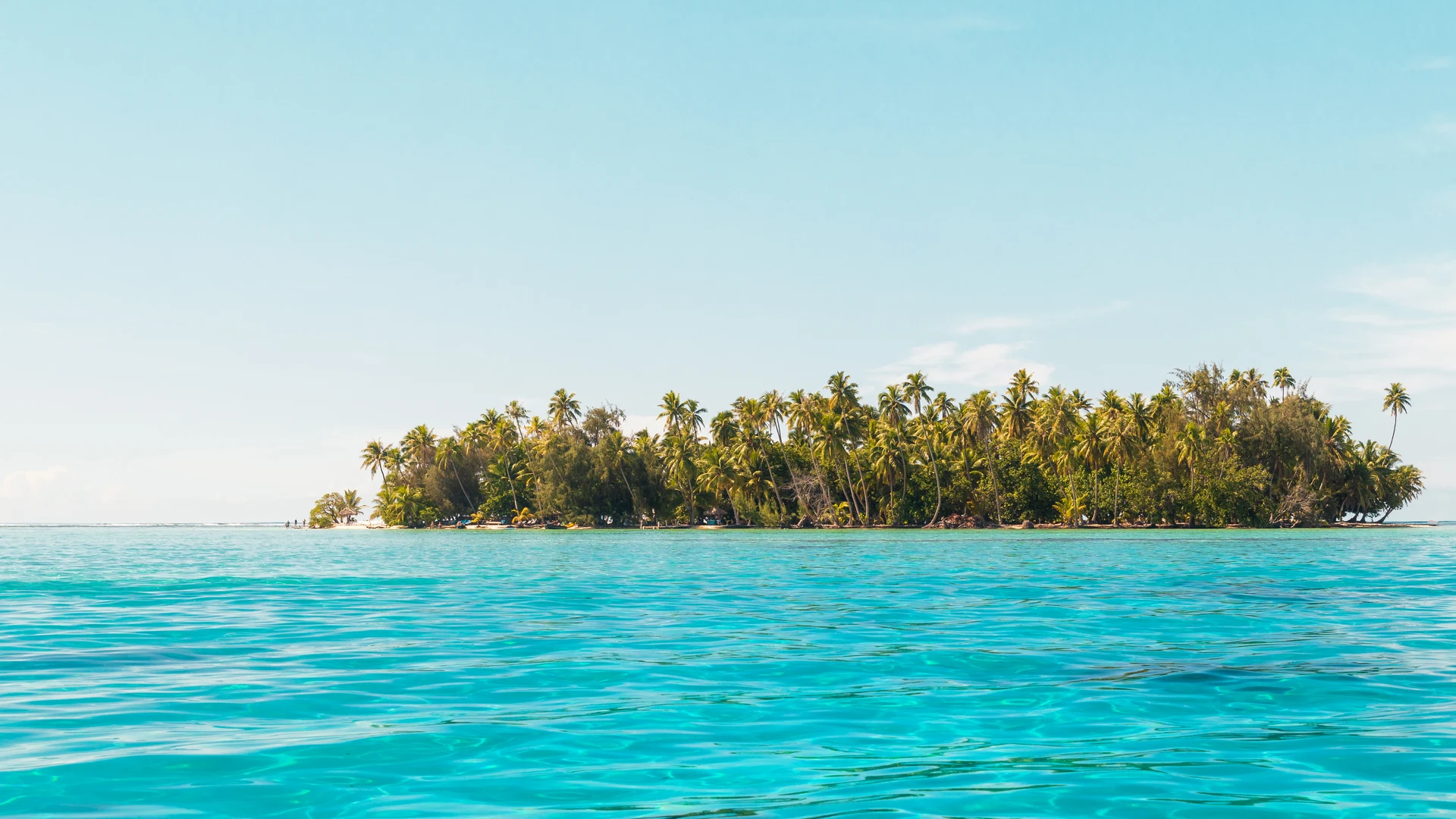 Palm-covered motu islet in a turquoise Polynesian lagoon