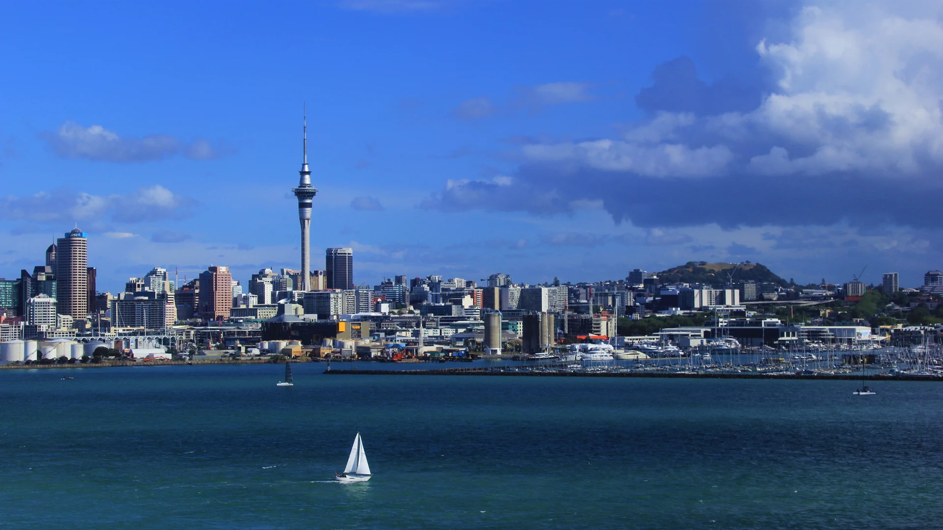 Auckland harbour and skyline with Sky Tower