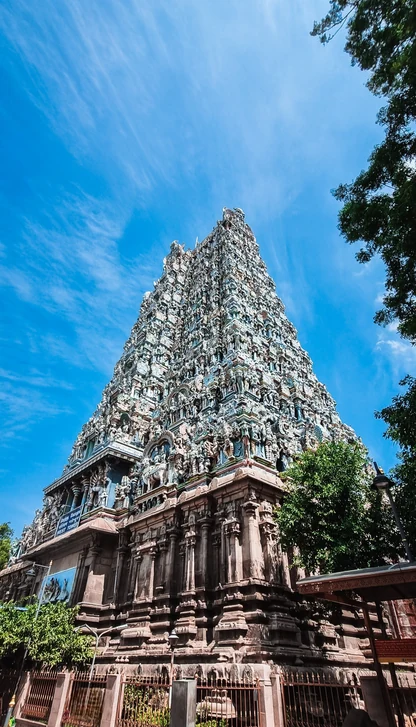 Sculpted gopuram tower of the Meenakshi Temple, Madurai