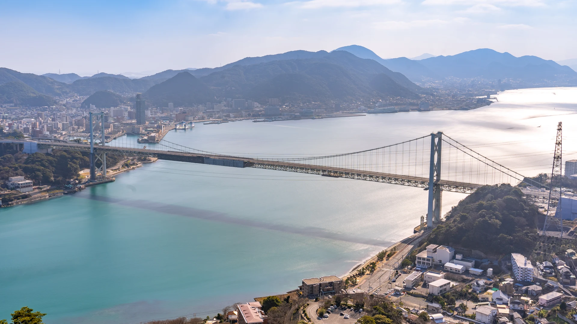 Aerial of the Kanmon Bridge and strait, Shimonoseki